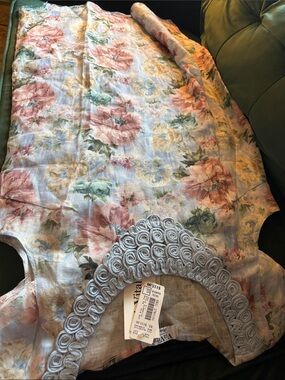 Made In Italy ~ Floral Linen Sleeveless Dress with Rosette Trim in Pastel Blue